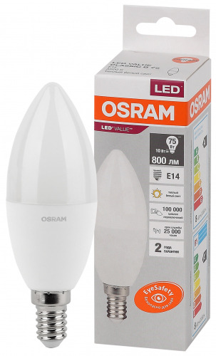 Лампа светодиодная LED Value LVCLB75 10SW/830 10Вт свеча матовая E14 230В 10х1 RU OSRAM 4058075579125 в г. Санкт-Петербург 