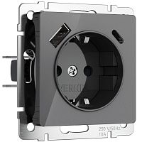 W1171744 Розетка с заземлением, шторками и USB тип A+C (графит акрил) 