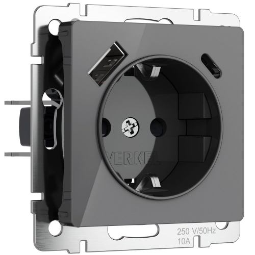 W1171744 Розетка с заземлением, шторками и USB тип A+C (графит акрил) 