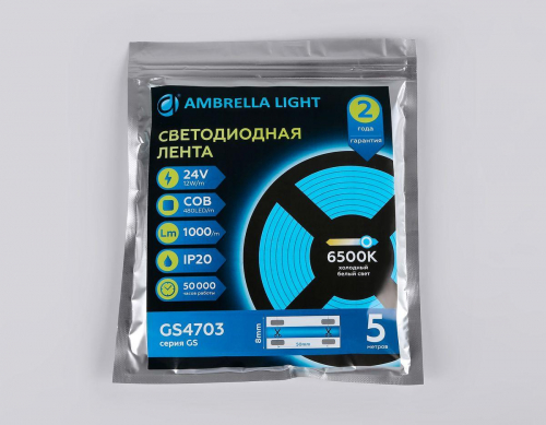 Светодиодная лента Ambrella Light 12W/m 480LED/m COB холодный белый 5M GS4703 в г. Санкт-Петербург  фото 4
