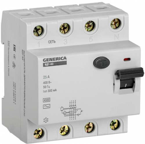 Выключатель дифференциального тока (УЗО) 4п 25А 300мА тип AC ВД1-63 GENERICA MDV15-4-025-300 в г. Санкт-Петербург 