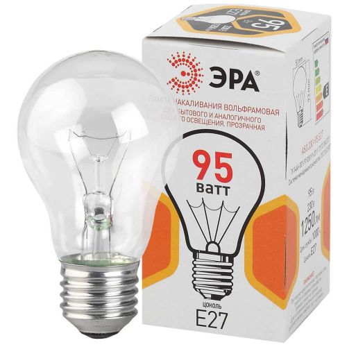 Лампа накаливания ЭРА E27 95W 2700K прозрачная A50 95-230-Е27-CL Б0039124 в г. Санкт-Петербург  фото 3