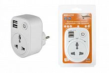 SQ1806-0183 Адаптер универсальный поворотный  с/з 250В 16А + 2USB 2.1A белый TDM