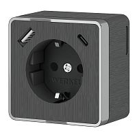 W5071704 Розетка с заземлением, шторками и USB тип A+C Gallant (графит рифленый) 