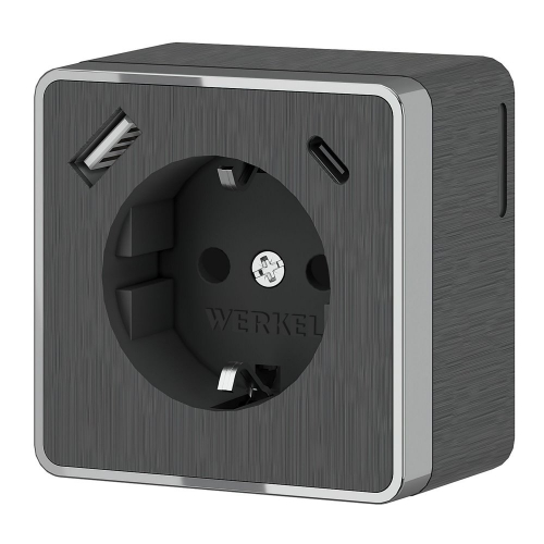 W5071704 Розетка с заземлением, шторками и USB тип A+C Gallant (графит рифленый) 