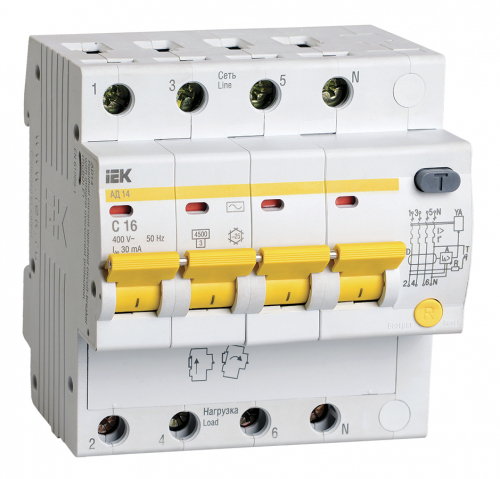 Выключатель автоматический дифференциального тока 4п C 16А 30мА тип AC 4.5кА АД-14 IEK MAD10-4-016-C-030 в г. Санкт-Петербург 