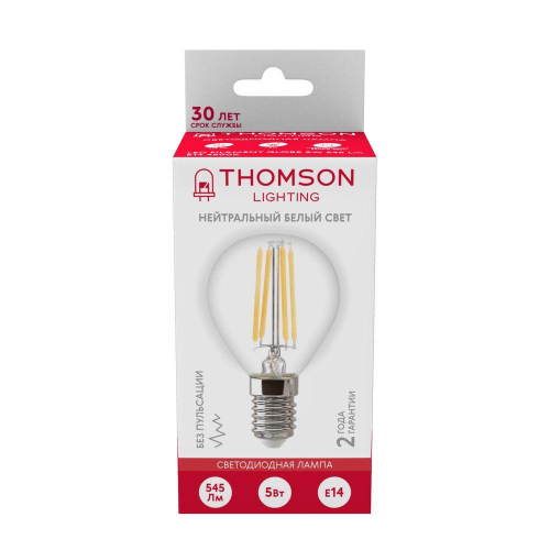 Лампа светодиодная филаментная Thomson E14 5W 4500K шар прозрачная TH-B2082 в г. Санкт-Петербург  фото 4