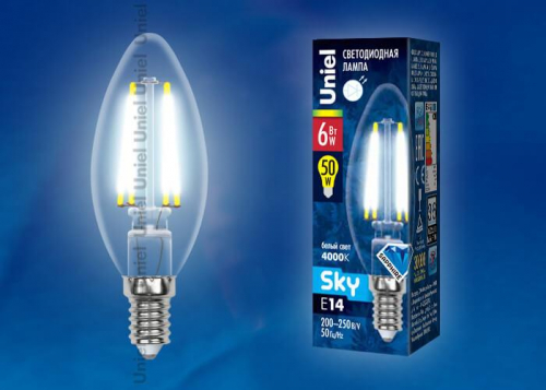 Лампа светодиодная филаментная Uniel E14 6W 4000K прозрачная LED-C35-6W/NW/E14/CL PLS02WH UL-00001373 в г. Санкт-Петербург  фото 2