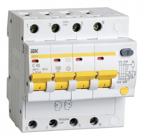 Выключатель автоматический дифференциального тока 4п C 40А 30мА тип AC 4.5кА АД-14 IEK MAD10-4-040-C-030 в г. Санкт-Петербург 