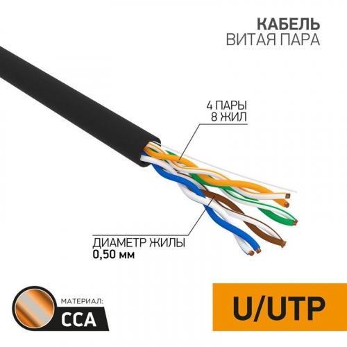 Кабель витая пара U/UTP кат.5E 4х2х24AWG омедненный наружн. прокладки черн. 305м (м) PROCONNECT 01-0045-3 в г. Санкт-Петербург 