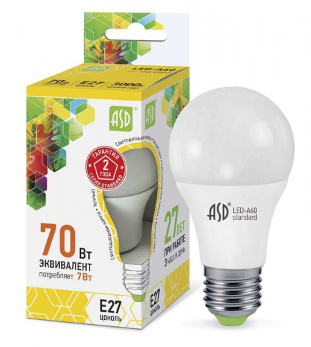 Лампа светодиодная LED-A60-standard 7Вт грушевидная 3000К тепл. бел. E27 630лм 160-260В ASD 4690612001692 в г. Санкт-Петербург 