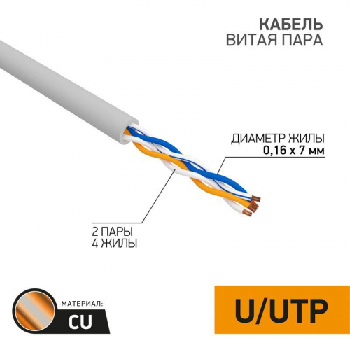 Кабель витая пара U/UTP кат.5E 2х2х24AWG медь сер. (уп.305м) STRANDED Rexant 01-0026 в г. Санкт-Петербург 