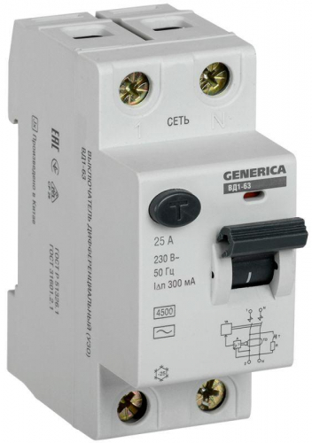 Выключатель дифференциального тока (УЗО) 2п 25А 300мА тип AC ВД1-63 GENERICA MDV15-2-025-300 в г. Санкт-Петербург 