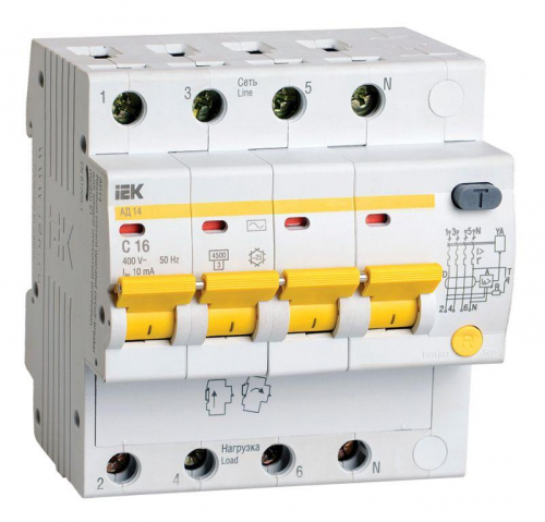 Выключатель автоматический дифференциального тока 4п C 16А 10мА тип AC 4.5кА АД-14 IEK MAD10-4-016-C-010 в г. Санкт-Петербург 