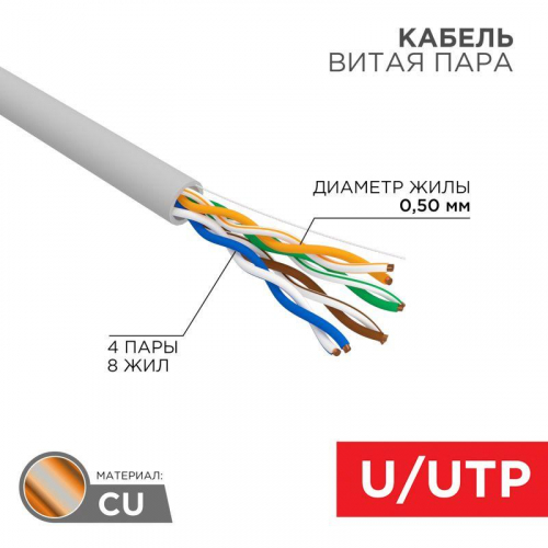 Кабель витая пара U/UTP кат.5E 4х2х24AWG CU PVC медь 100МГц сер. (уп.100м) Rexant 01-0043-100 в г. Санкт-Петербург 
