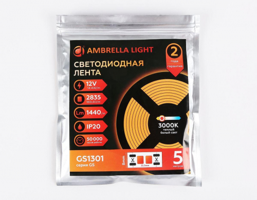 Светодиодная лента Ambrella Light 14,4W/m 180LED/m 2835SMD теплый белый 5M GS1301 в г. Санкт-Петербург  фото 4