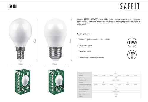 Лампа светодиодная SAFFIT SBG4511 Шарик E14 11W 230V 4000K 55138 в г. Санкт-Петербург  фото 2