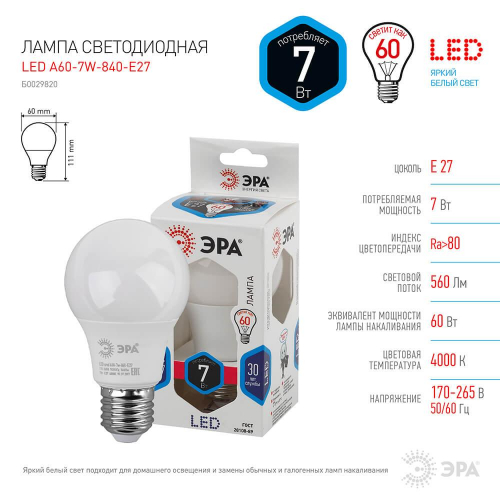 Лампа светодиодная ЭРА E27 7W 4000K матовая LED A60-7W-840-E27 Б0029820 в г. Санкт-Петербург  фото 2