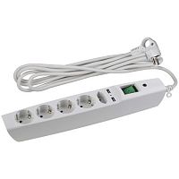 C0043327 Удлинитель с сетевым фильтром 5х2м с заземл. 10А IP20 U-5es-2m-W 2хUSB ПВС 3х0.75 с выкл. защ. шторки бел. Эра 