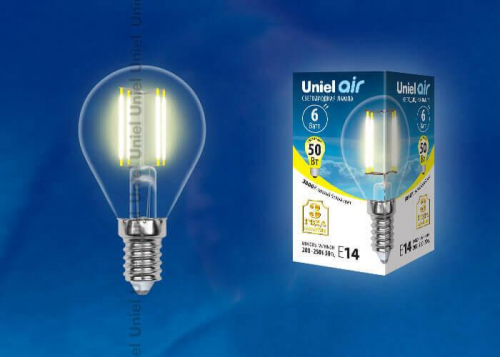 Лампа светодиодная филаментная Uniel E14 6W 3000K прозрачная LED-G45-6W/WW/E14/CL GLA01TR UL-00002201 в г. Санкт-Петербург  фото 2