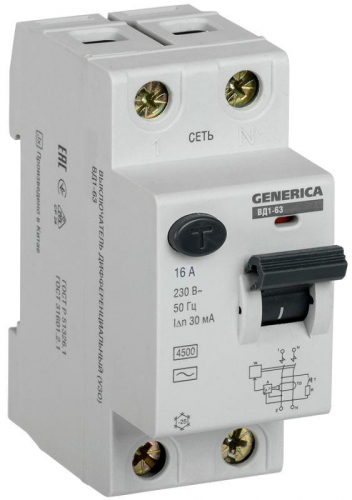 Выключатель дифференциального тока (УЗО) 2п 16А 30мА тип AC ВД1-63 GENERICA MDV15-2-016-030 в г. Санкт-Петербург 