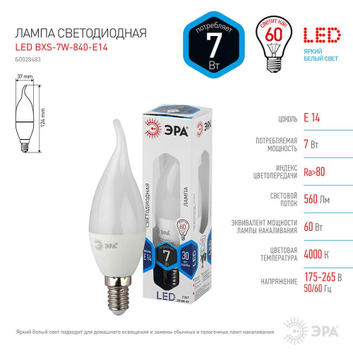 Лампа светодиодная ЭРА E14 7W 4000K матовая LED BXS-7W-840-E14 Б0028483 в г. Санкт-Петербург  фото 2