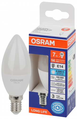 Лампа светодиодная LED 7Вт Е14 6500К 600Лм свеча 220В (замена 60Вт) OSRAM в г. Санкт-Петербург 