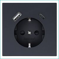 FD5501USB-25PBM Розетка СП FD Shuko 16А с заземл. защ. шторки с 2-мя заряд. устр. USB тип A+C 25Вт механизм черн. матов. soft touch Jasmart 