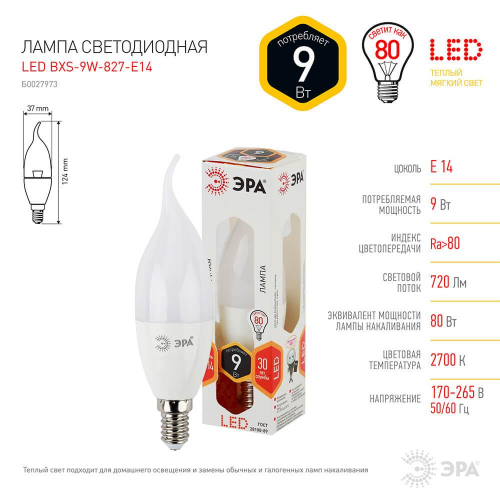 Лампа светодиодная ЭРА E14 9W 2700K матовая LED BXS-9W-827-E14 Б0027973 в г. Санкт-Петербург  фото 2