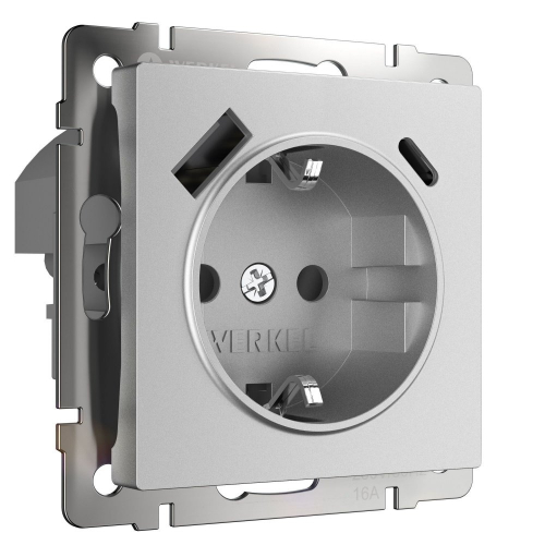 W1171765 Розетка с заземлением, шторками и USB тип A+C  (серебряный матовый) 