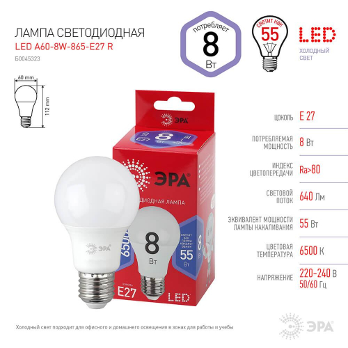 Лампа светодиодная ЭРА E27 8W 6500K матовая A60-8W-865-E27 R Б0045323 в г. Санкт-Петербург  фото 2