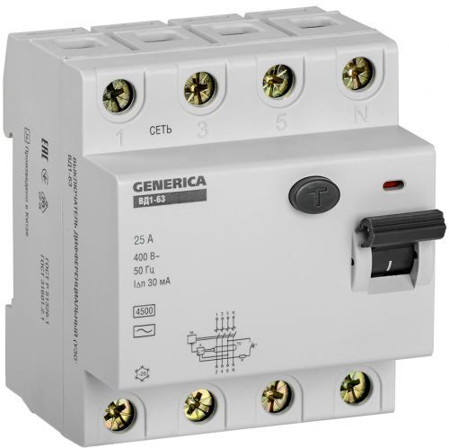 Выключатель дифференциального тока (УЗО) 4п 25А 30мА тип AC ВД1-63 GENERICA IEK MDV15-4-025-030 в г. Санкт-Петербург 