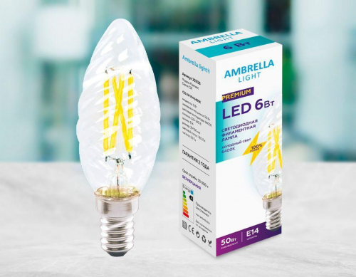 Лампа светодиодная филаментная Ambrella light E14 6W 6400K прозрачная 202126 в г. Санкт-Петербург 
