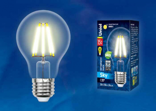Лампа светодиодная филаментная Uniel E27 15W 3000K прозрачная LED-A70-15W/3000K/E27/CL PLS02WH UL-00004868 в г. Санкт-Петербург  фото 2