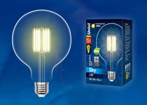 Лампа светодиодная филаментная Uniel E27 15W 3000K прозрачная LED-G125-15W/3000K/E27/CL PLS02WH UL-00004860 в г. Санкт-Петербург  фото 2