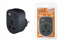 SQ1806-0184 Адаптер универсальный поворотный  с/з 250В 16А + 2USB 2.1A черный TDM