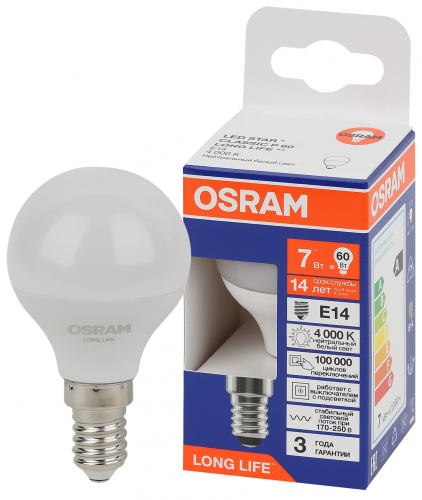 Лампа светодиодная LED 7Вт Е14 4000К 600Лм шар 220В (замена 60Вт) OSRAM в г. Санкт-Петербург 