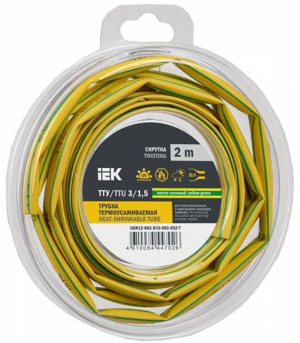 UDR12-003-D15-002-K52-T Трубка термоусадочная ТТУ нг-LS 3/1.5 желт./зел. (уп.2м) IEK 