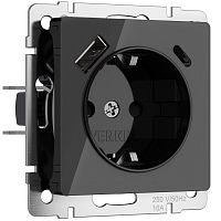 W1171748 Розетка с заземлением, шторками и USB тип A+C (черный акрил) 