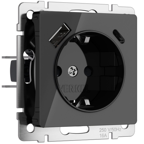 W1171748 Розетка с заземлением, шторками и USB тип A+C (черный акрил) 