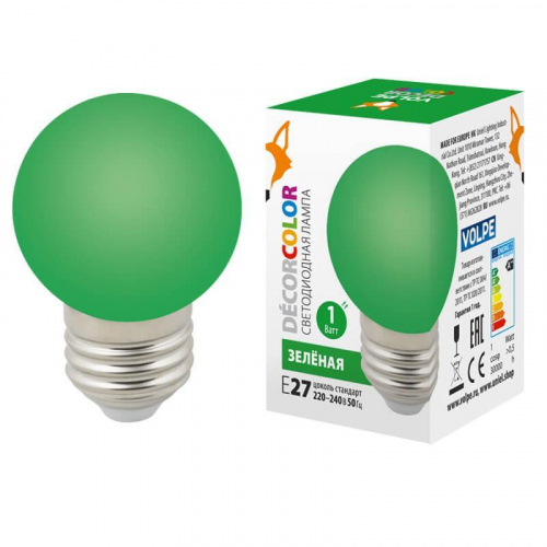 Лампа светодиодная Volpe E27 1W зеленая LED-G45-1W/GREEN/E27/FR/С UL-00005648 в г. Санкт-Петербург 
