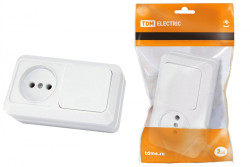 SQ1801-0105 Блок комбинированный выкл. 1-кл. 10А + розетка 2П 10А 250В БКВР IP20 белый "Ладога" TDM