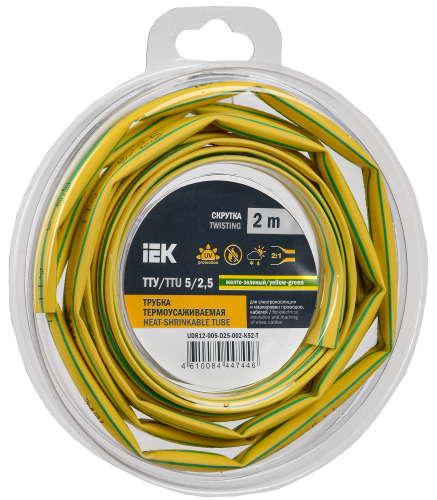 UDR12-005-D25-002-K52-T Трубка термоусадочная ТТУ нг-LS 5/2.5 желт./зел. (уп.2м) IEK 
