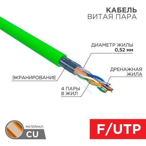 Кабель витая пара F/UTP кат.5E 4х2х0.52 24AWG нг(А)-HFLTx INDOOR SOLID зел. (305м) Rexant 01-0162 в г. Санкт-Петербург 
