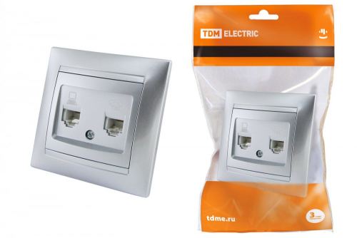 SQ1815-0219 Розетка телефонная RJ11 + компьютерная RJ45 серебр. металлик "Лама" TDM