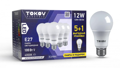Набор ПРОМО лампа светодиодная 12Вт А60 4000К Е27 176-264В (Promo 5+1 шт) TOKOV ELECTRIC Promo-A60-E27-12-4K в г. Санкт-Петербург 