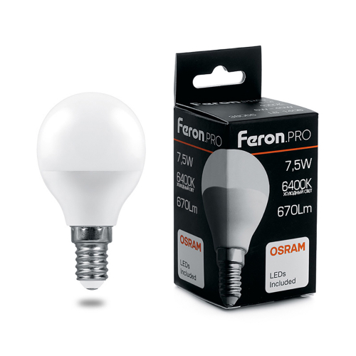 Лампа светодиодная LED 7.5вт Е14 дневной матовый шар Feron.PRO в г. Санкт-Петербург 