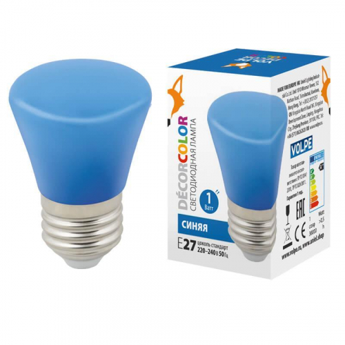 Лампа светодиодная Volpe E27 1W синяя LED-D45-1W/BLUE/E27/FR/С BELL UL-00005639 в г. Санкт-Петербург 