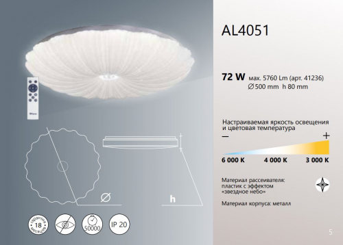 Светодиодный управляемый светильник накладной Feron AL4051 Hygge тарелка 72W 3000К-6000K белый 41236 в г. Санкт-Петербург  фото 6