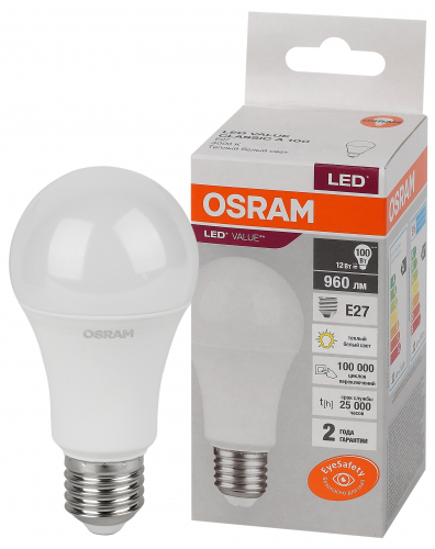 Лампа светодиодная LED Value LVCLA100 12SW/830 12Вт грушевидная матовая E27 230В 10х1 RU OSRAM 4058075578975 в г. Санкт-Петербург 